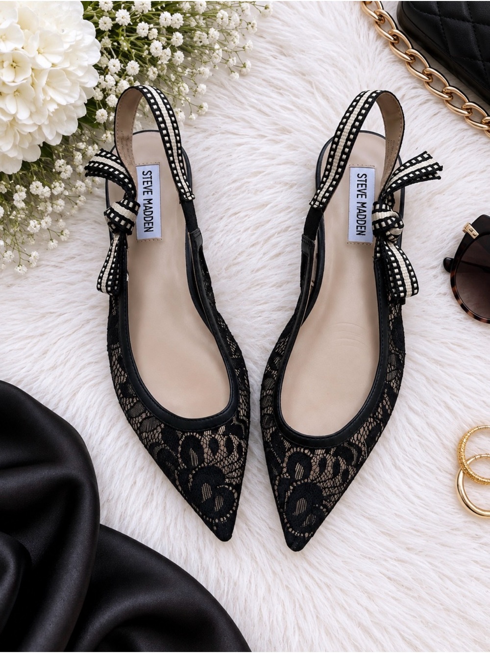 Olsen Black Lace Bow Pointed Toe Slingback Flats